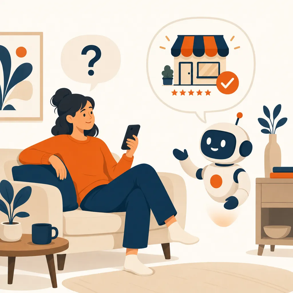 Customer relaxing on her sofa asking an AI assistant for a recommendation, and being shown a five-star local business