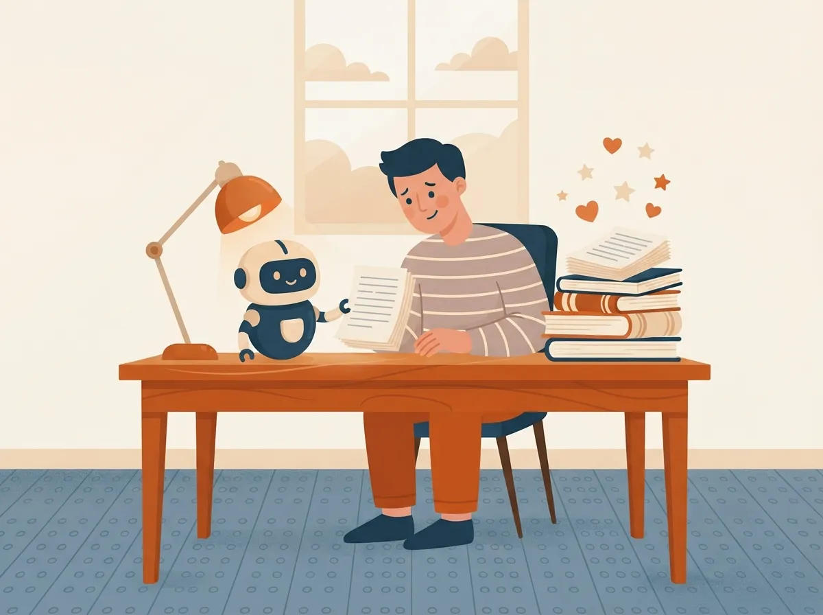 Writer and friendly robot producing a stack of polished posts and pages together