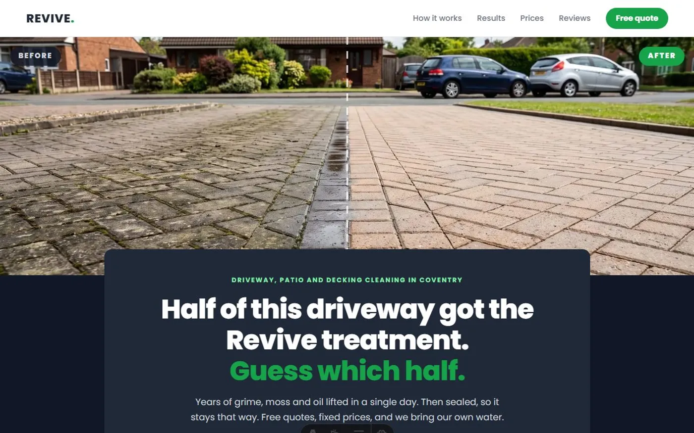 Revive Exterior Cleaning, a sample driveway & patio cleaner website we designed