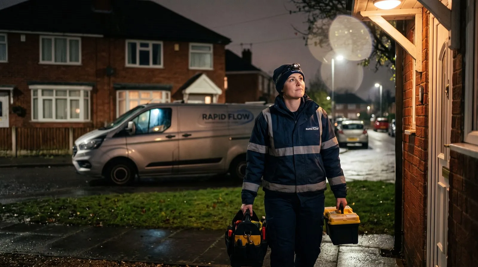 Rapid Flow engineer arriving at a Coventry home for a night time emergency callout